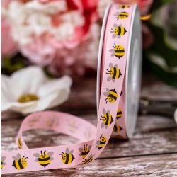 15mm Pink Rustic Taffeta Ribbon With Bumble Bee Print