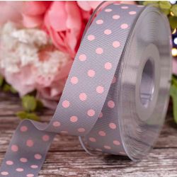 25mm x 20m Grey Grosgrain With Pink Polka Dots