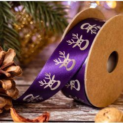 Silver reindeer print on 25mm purple satin ribbon - A fun Christmas Ribbon