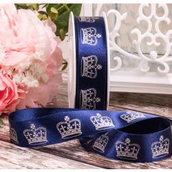 25mm Navy Satin Ribbon With Jubilee Crown Design