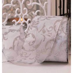 63mm white damask ribbon with silver glitter design