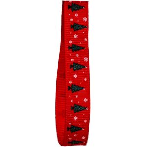 10mm Red Grosgrain Ribbon With Christmas Tree & Snowflake Design