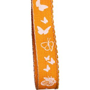 Linen Look Ribbon With Butterly Print - Orange