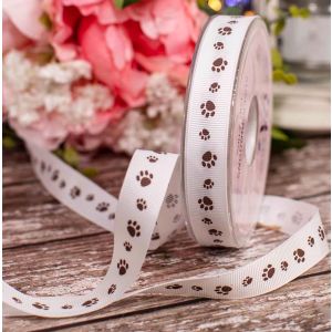 15mm White Grosgrain Ribbon With Brown Paw Print Design