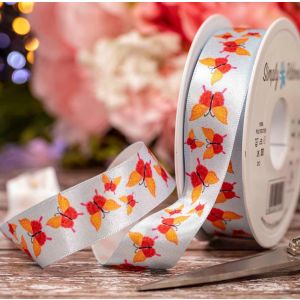 25mm Pale Blue Satin Ribbon With Orange Butterfly Print