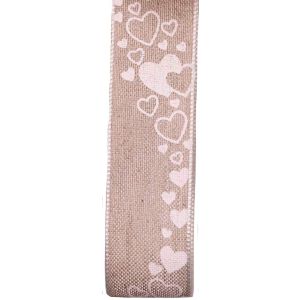 25mm Natural Coloured Linen Ribbon With White Love Heart Design