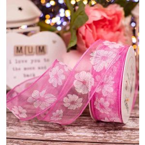 Pink Translucent Ribbon With White Floral Print 40mm x 20m