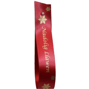 Red & Gold Snowflake Welsh Christmas Ribbon Nadolig Llawen 25mm 