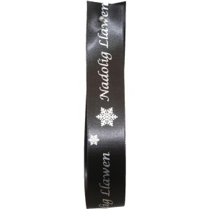 Black & Silver Snowflake Welsh Christmas Ribbon Nadolig Llawen 15mm