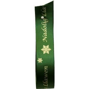 Green & Gold Snowflake Welsh Christmas Ribbon Nadolig Llawenx25mm