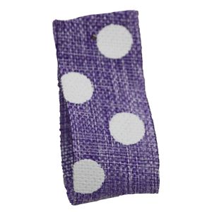 Faux Burlap Ribbon In Lilac With White Polka Dot Design - 25mm x 20m