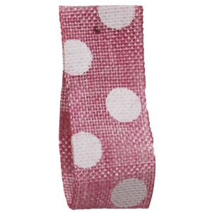 Faux Burlap Ribbon In Pink With White Polka Dot Design - 25mm x 20m