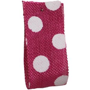 Faux Burlap Ribbon In Hot Pink With White Polka Dot Design - 25mm x 20m