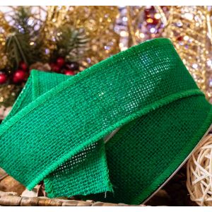 50mm x 10m Green Hessian Ribbon With Wired Edge