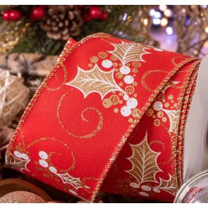 Red Burlap with Gold & White Holly Design