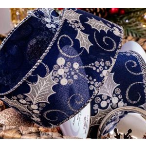 Navy & Silver Holly Berries Christmas Ribbon In 63mm With Wired Edges
