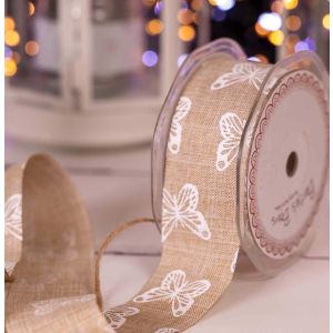 38mm Faux linen Ribbon In Natural With White Butterfly Print