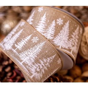 Beige Wired Edged Festive Forest Ribbon
