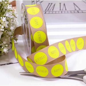 25mm Taffeta ribbon in natural colour with large flo Yellow Dots featuring the words Happy Birthday in the middle of them