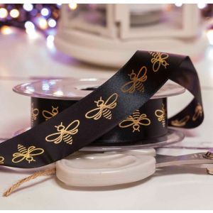 25mm Black satin ribbon with gold bee design