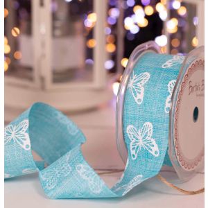 38mm faux linen ribbon in turquoise with white butterfly print