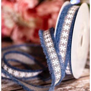 Blue Frayed Edge ribbon with white floral print