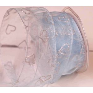 50mm Wired Pale Blue Sheer Ribbon With Silver Glitter Hearts