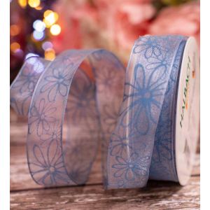 Blue Wired Edged Sheer Ribbon With Blue Floral Print