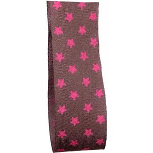 25mm x 20m Brown Cut Edge Cotton Ribbon With Pink Star Print