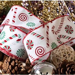 White and red candy cane design Christmas ribbon