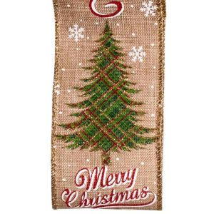 1m x 63mm WIRED HESSIAN LOOK RIBBON  NATURAL & WHITE MERRY CHRISTMAS TREE 