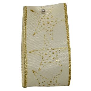 40mm x 25m Cream Taffeta Ribbon With Gold Glitter Stars