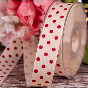 25mm Cream Grosgrain Ribbon With Red Polka Dot Design By Berisfords Ribbons