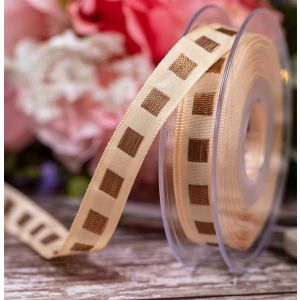15mm x 15m Cream Ribbon With Bronze Stitched Squares By Berisfords Ribbons