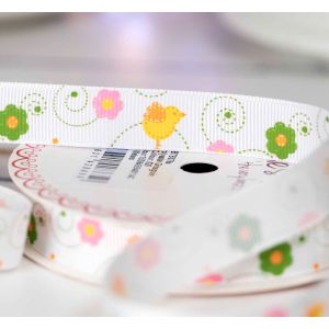 Chick and flowers print on 16m grosgrain ribbon