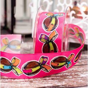 40mm bright pink Easter egg themed ribbon with wired edge