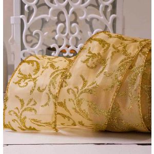 Light Weight satin ribbon with wired edge and gold glitter Damask design
