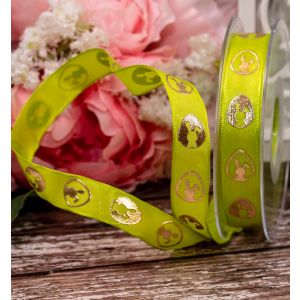green taffeta ribbon with gold egg and rabbit print
