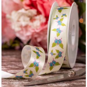 25mm Pale Green Satin Ribbon With Blue Nad Green Butterfly Print