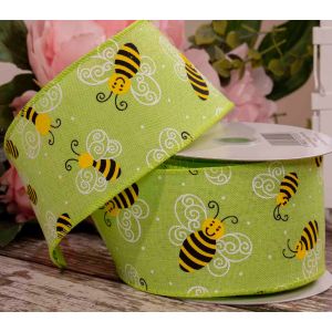 63mm Green Burlap style ribbon with smiley bee design