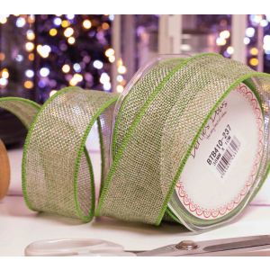 38mm green faux burlap ribbon with wired edge
