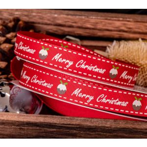 16mm red grosgrain with the words merry Christmas and an image of a Christmas pudding