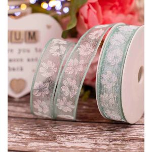 Mint Translucent Ribbon With White Floral Print 25mm x 20m