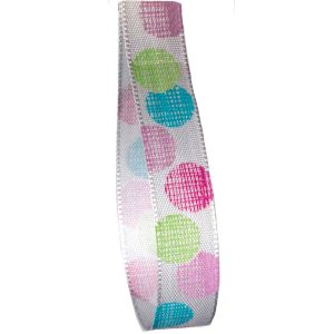 15mm chalk style multi coloured polka dot print on white taffeta ribbon