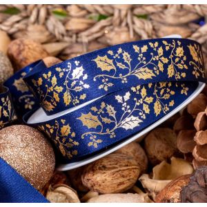 Exclusive 25mm Navy & Gold Holly Print Festive Ribbon