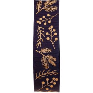Berry and twig design in gold on this navy blue ribbon