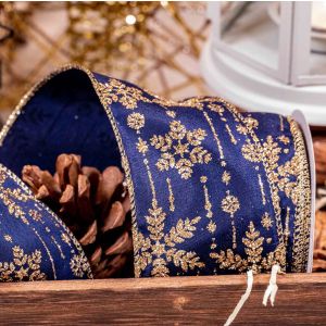 Navy Satin With Gold Snowflake Design 63mm x 9.1m