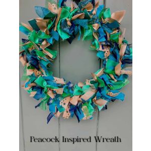 Peacock inspired ribbon wreath kit on front door
