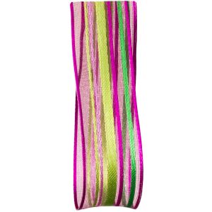 25mm Pink & Green Satin and Sheer Self Striped Ribbon 