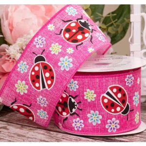 63mm bright pink burlap style ribbon with wired edge and ladybird and floral print